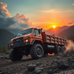 A powerful Kamaz truck driving through a rough terrain, surrounded by mountains and forest
