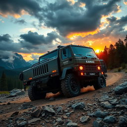 A powerful Kamaz truck driving through a rough terrain, surrounded by mountains and forest