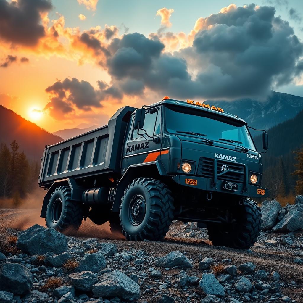 A powerful Kamaz truck driving through a rough terrain, surrounded by mountains and forest