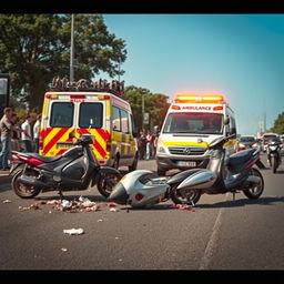 A dramatic scene depicting a road accident involving multiple scooters