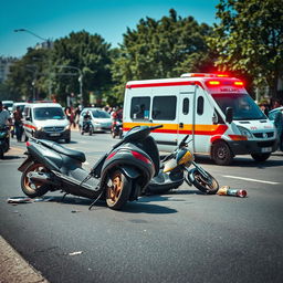 A dramatic scene depicting a road accident involving multiple scooters