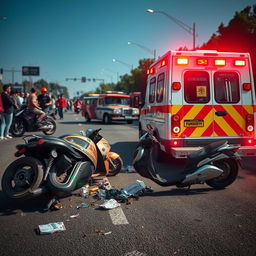 A dramatic scene depicting a road accident involving multiple scooters