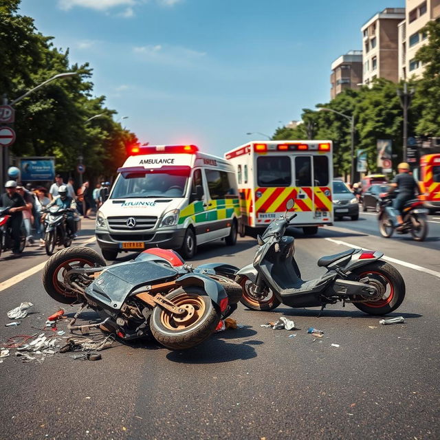 A dramatic scene depicting a road accident involving multiple scooters