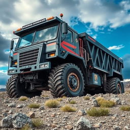 A massive Kamaz truck, towering in size, parked on a rugged landscape