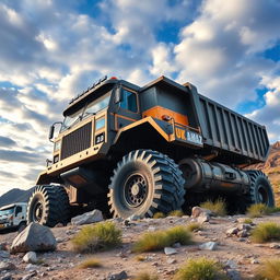 A massive Kamaz truck, towering in size, parked on a rugged landscape