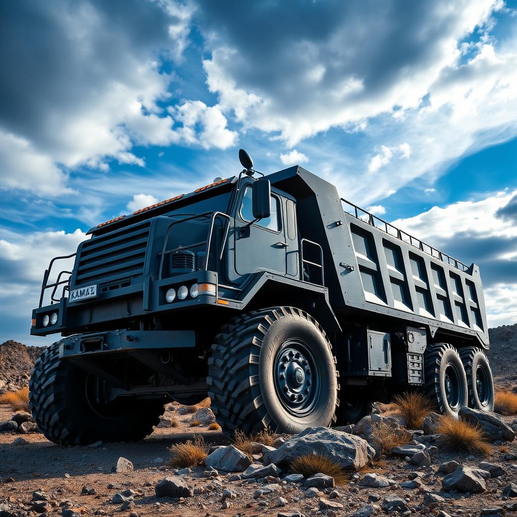 A massive Kamaz truck, towering in size, parked on a rugged landscape