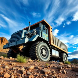 A massive Kamaz truck, towering in size, parked on a rugged landscape