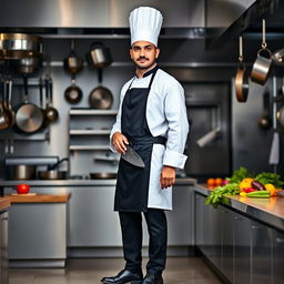 A full-length portrait of a male chef standing confidently in a professional kitchen