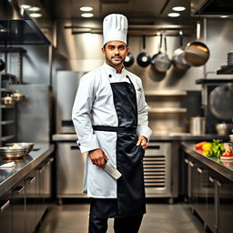 A full-length portrait of a male chef standing confidently in a professional kitchen