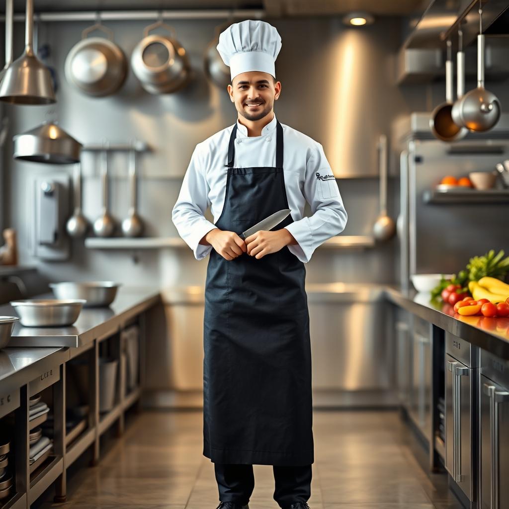 A full-length portrait of a male chef standing confidently in a professional kitchen
