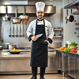 A full-length portrait of a male chef standing confidently in a professional kitchen