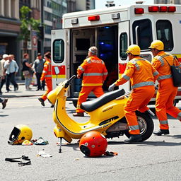 A bustling street scene depicting a chaotic scooter accident