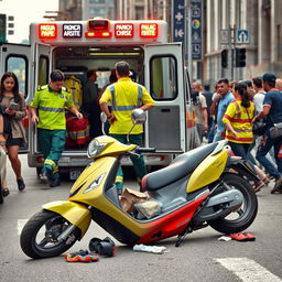 A bustling street scene depicting a chaotic scooter accident