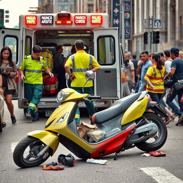 A bustling street scene depicting a chaotic scooter accident
