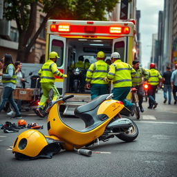 A bustling street scene depicting a chaotic scooter accident