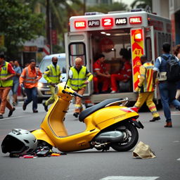 A bustling street scene depicting a chaotic scooter accident