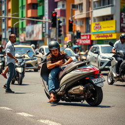 A dramatic scene of a scooter road accident, showing a busy urban street with a scooter on its side, the rider slightly injured but conscious, an onlooker expressing concern