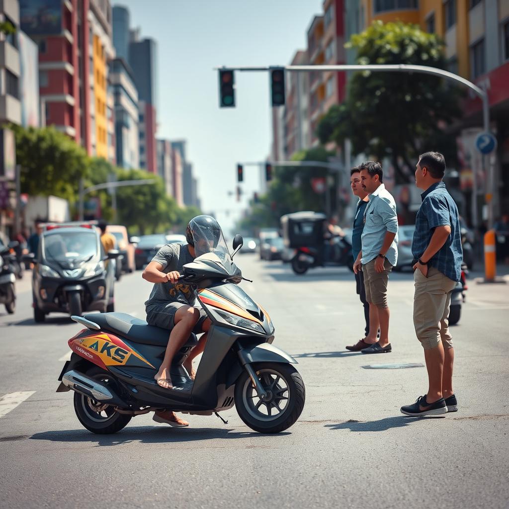 A dramatic scene of a scooter road accident, showing a busy urban street with a scooter on its side, the rider slightly injured but conscious, an onlooker expressing concern