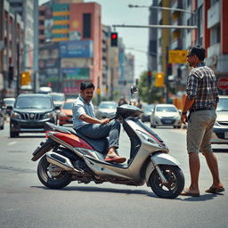 A dramatic scene of a scooter road accident, showing a busy urban street with a scooter on its side, the rider slightly injured but conscious, an onlooker expressing concern