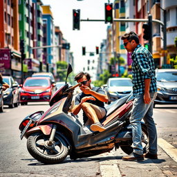 A dramatic scene of a scooter road accident, showing a busy urban street with a scooter on its side, the rider slightly injured but conscious, an onlooker expressing concern