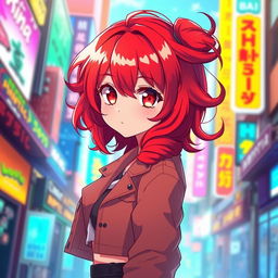 A captivating anime girl with striking red hair styled in flowing curls, accented with vibrant highlights that glow