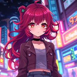 A captivating anime girl with striking red hair styled in flowing curls, accented with vibrant highlights that glow