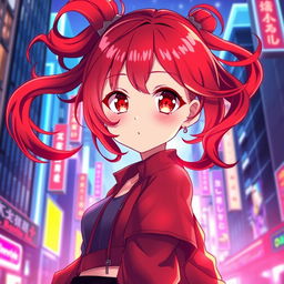 A captivating anime girl with striking red hair styled in flowing curls, accented with vibrant highlights that glow