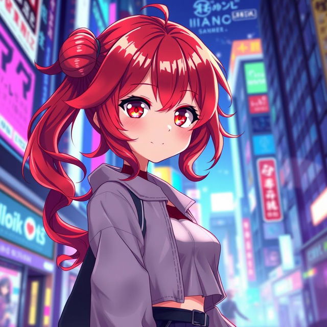 A captivating anime girl with striking red hair styled in flowing curls, accented with vibrant highlights that glow