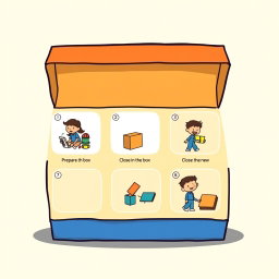 A colorful cartoon depicting 6 steps in a process, illustrated within an open box