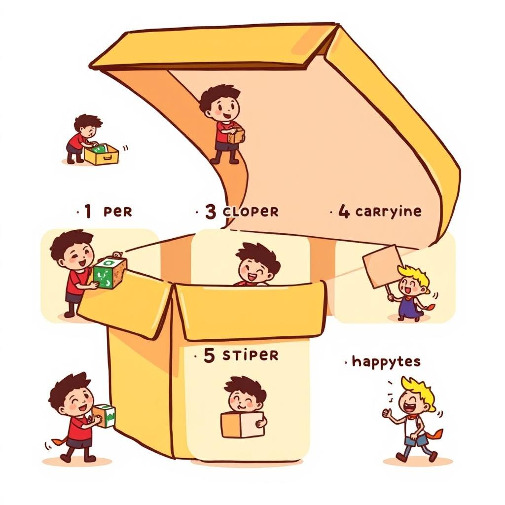 A colorful cartoon depicting 6 steps in a process, illustrated within an open box