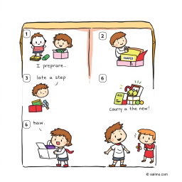 A colorful cartoon depicting 6 steps in a process, illustrated within an open box