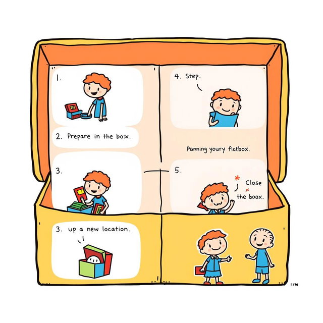 A colorful cartoon depicting 6 steps in a process, illustrated within an open box