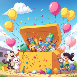 A colorful cartoon scene featuring a large, open box overflowing with various fun items