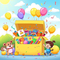 A colorful cartoon scene featuring a large, open box overflowing with various fun items