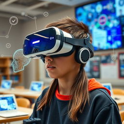 A student wearing virtual reality goggles, deeply engaged in a learning experience