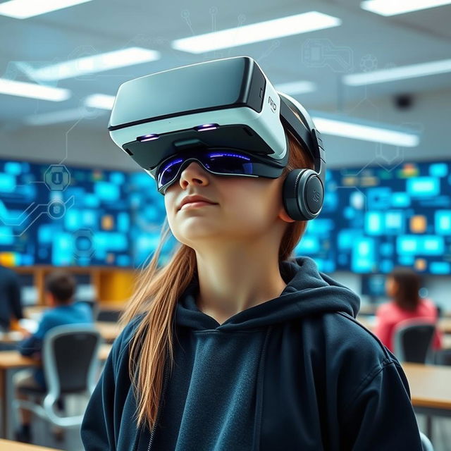 A student wearing virtual reality goggles, deeply engaged in a learning experience