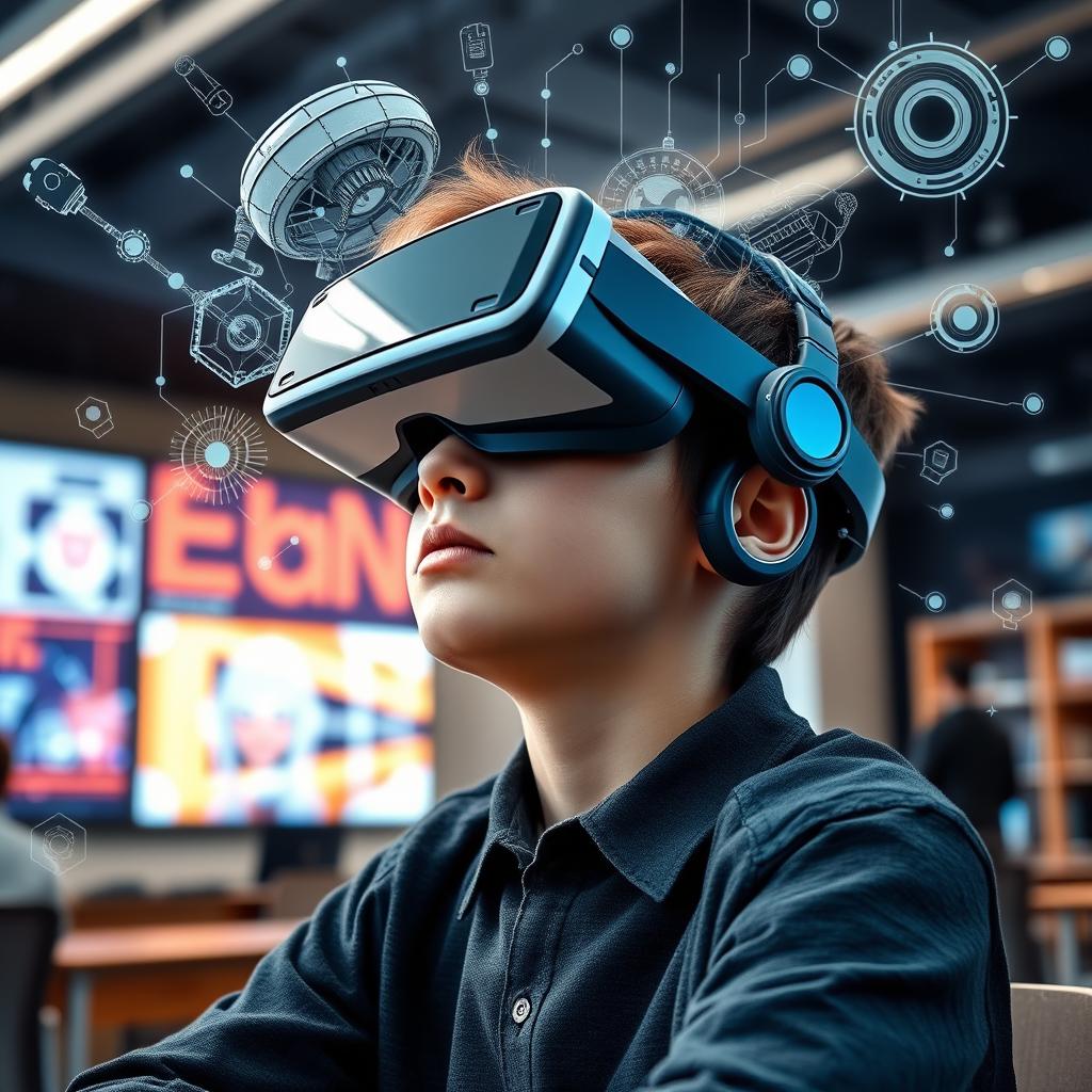 A student wearing virtual reality goggles, deeply engaged in a learning experience