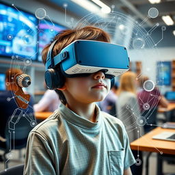 A student wearing virtual reality goggles, deeply engaged in a learning experience
