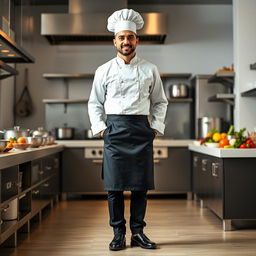 A full-length portrait of a male chef in a professional kitchen setting