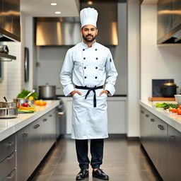 A full-length portrait of a male chef in a professional kitchen setting