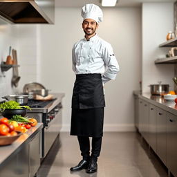 A full-length portrait of a male chef in a professional kitchen setting