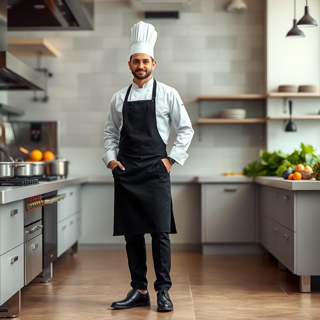 A full-length portrait of a male chef in a professional kitchen setting