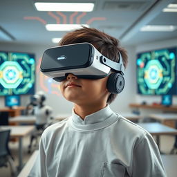 A student wearing virtual reality glasses immersed in a virtual learning environment