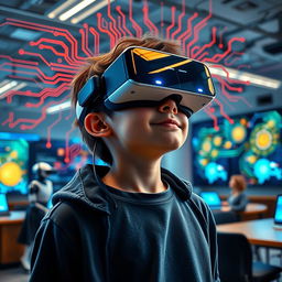 A student wearing virtual reality glasses immersed in a virtual learning environment