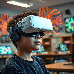 A student wearing virtual reality glasses immersed in a virtual learning environment