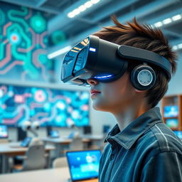 A student wearing virtual reality glasses immersed in a virtual learning environment