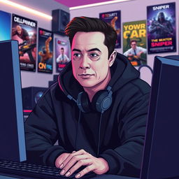 A vector style illustration depicting Elon Musk wearing a black hoodie, fully engaged as a gamer