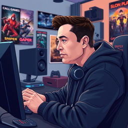 A vector style illustration depicting Elon Musk wearing a black hoodie, fully engaged as a gamer