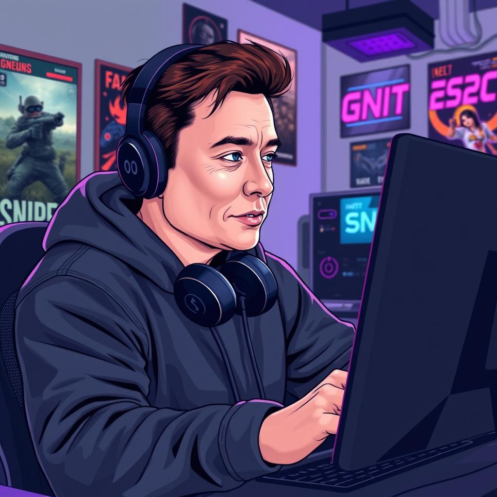 A vector style illustration depicting Elon Musk wearing a black hoodie, fully engaged as a gamer