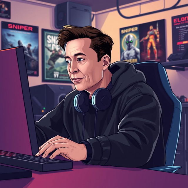 A vector style illustration depicting Elon Musk wearing a black hoodie, fully engaged as a gamer